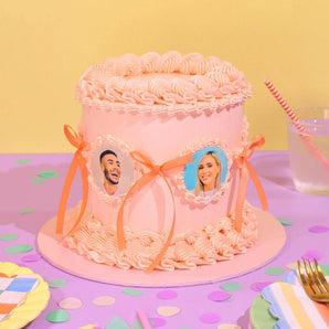 Vintage Multi Photo Cake by Crumbs & Doilies with 5 edible photo plaques and pink buttercream icing.